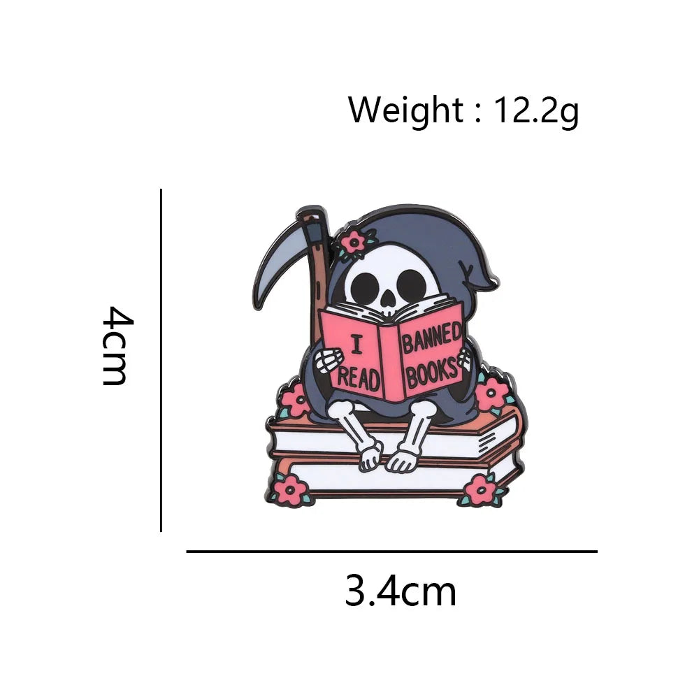 I Read Banned Books — Gothic Skeleton Reader Enamel Pin