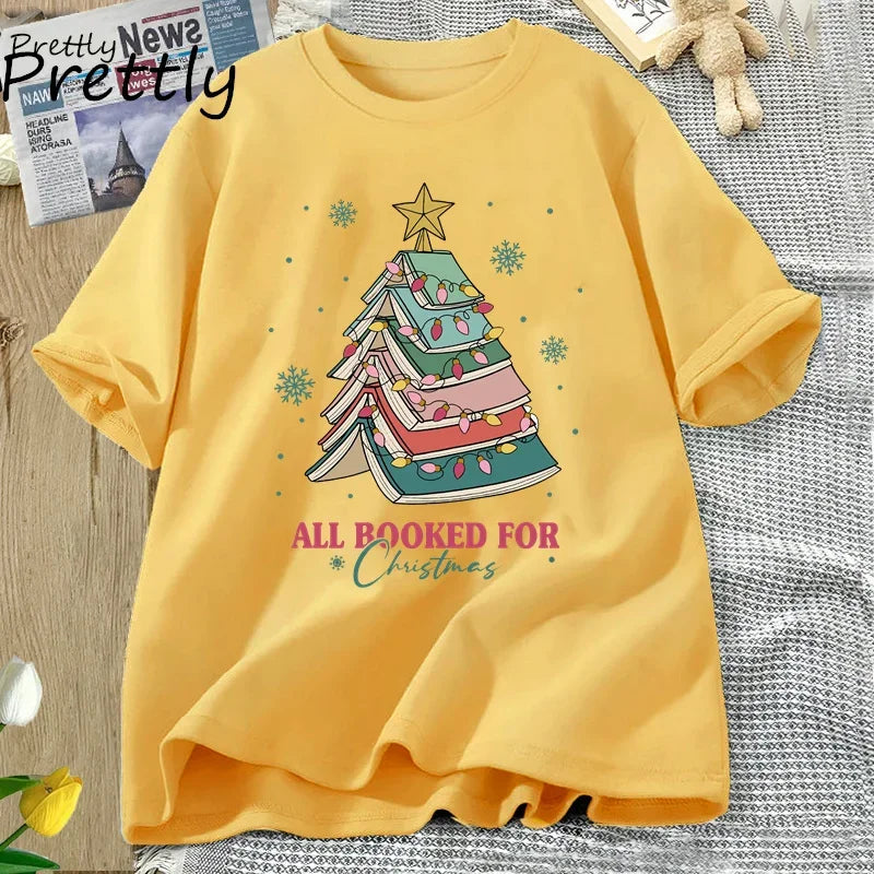 Book Tree Christmas T-Shirt — “All Booked for Christmas” Tee for Book Lovers, Librarians & Teachers | Festive Bookish Gift