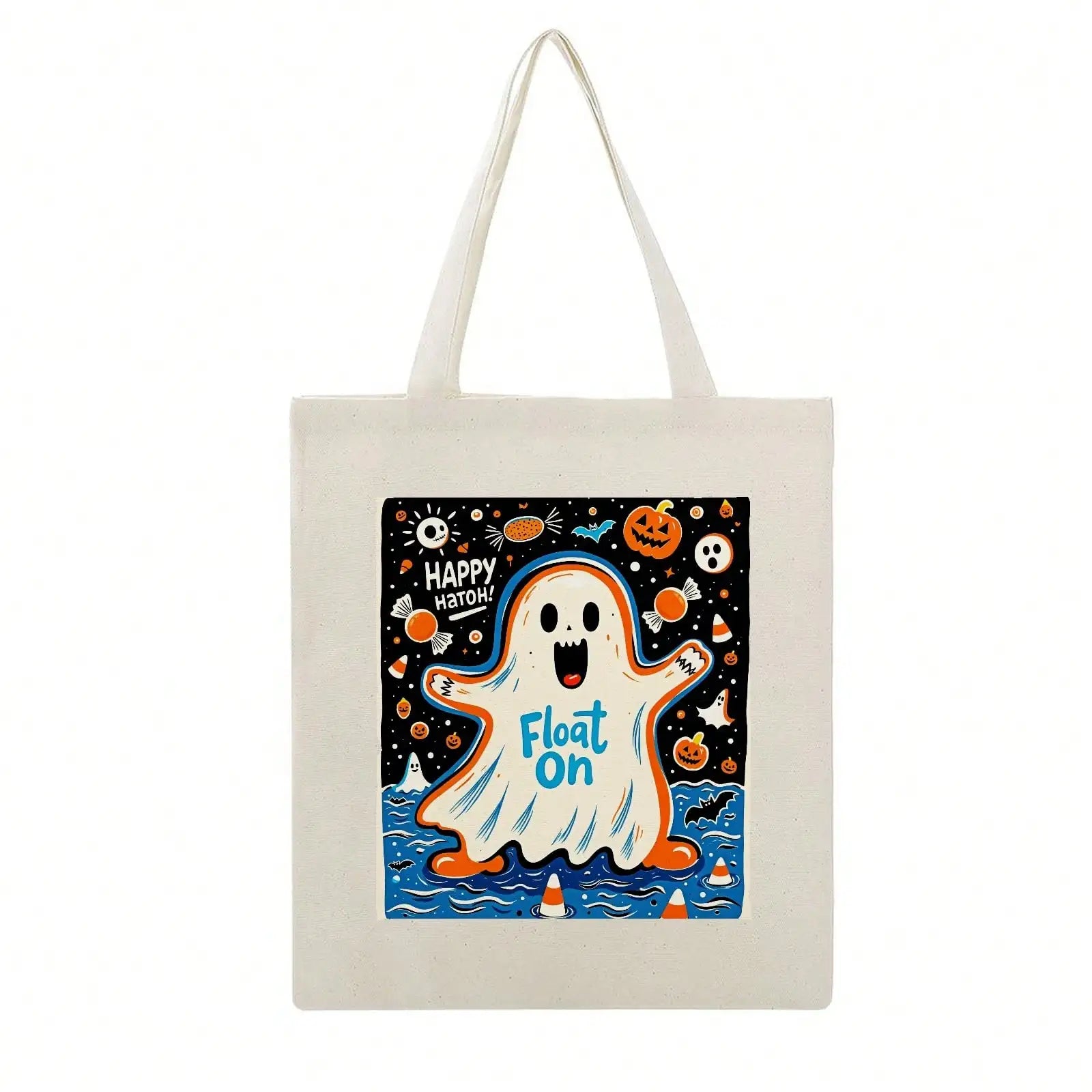 Halloween Reading Canvas Tote — Ghosts, Witches & Pumpkins