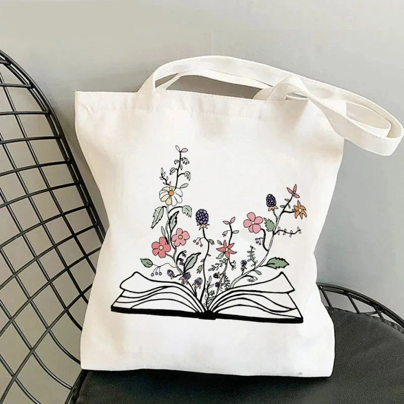 Floral Book Lover Tote Bag — Canvas Shoulder Bag for Readers (9 Designs)