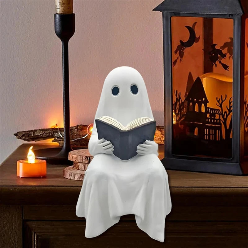 Reading Ghost Resin Statue — Spooky-Cute Literary Charm