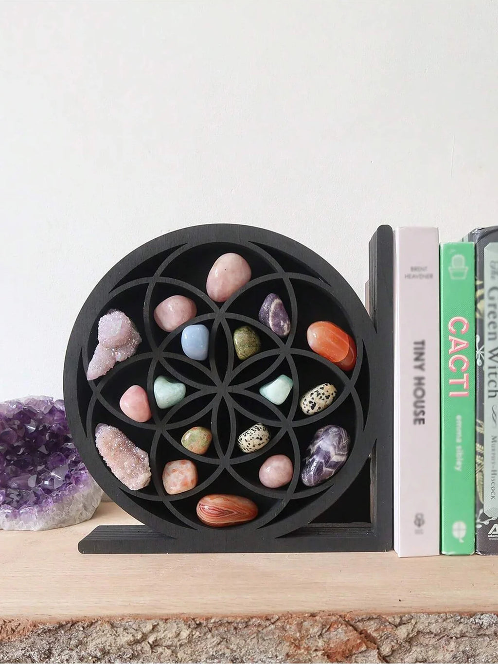 Crystal Shelf Bookends — Sun, Moon & Seed of Life Designs | Wooden Decorative Bookends with Mini Display Shelves for Crystals & Collectibles