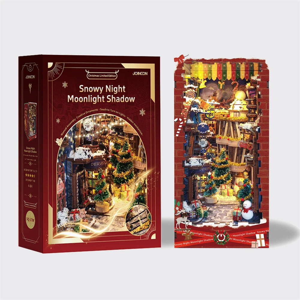 “Snowy Night Moonlight Shadow” DIY Wooden Book Nook — Handcrafted Bookshelf Insert Kit for Christmas & Home Décor