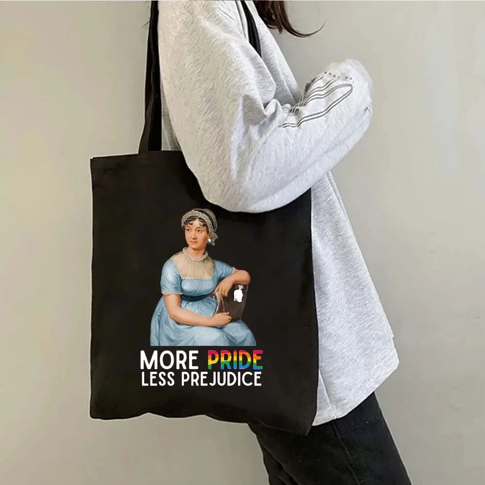 “More Pride, Less Prejudice” Canvas Tote — Jane Austen Cartoon Print