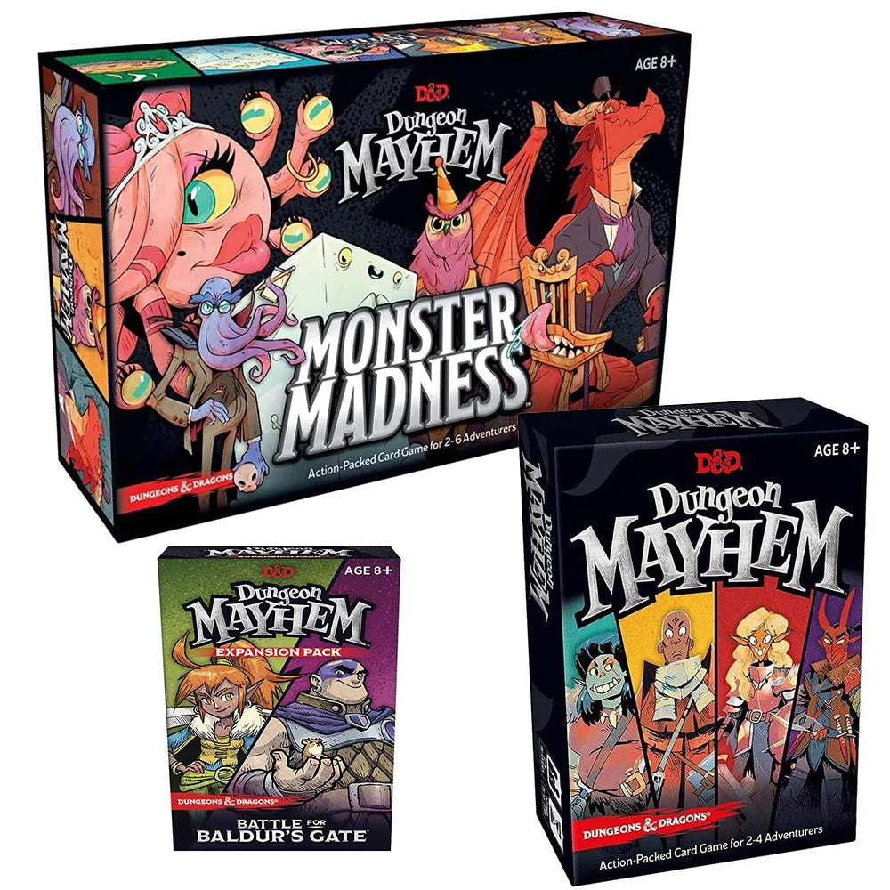 Dungeons & Dragons Dungeon Mayhem game box with characters and 'Monster Madness' text on a white background.