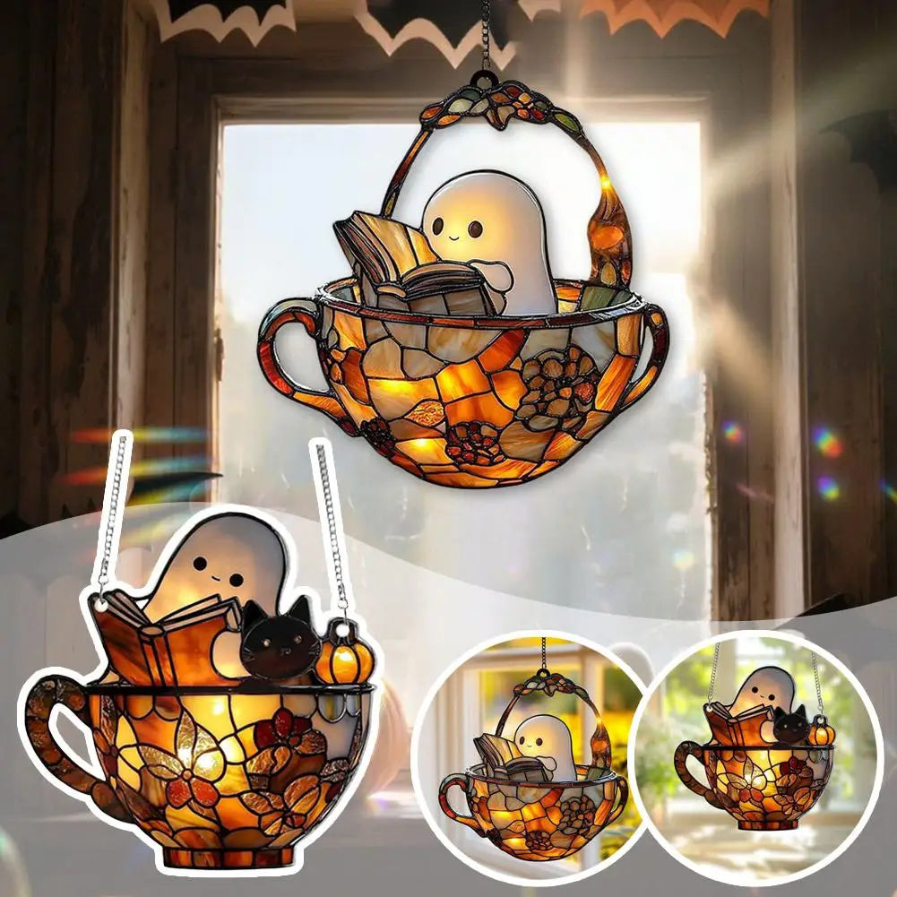 Halloween Reading Ghost Suncatcher — Acrylic Window Pendant