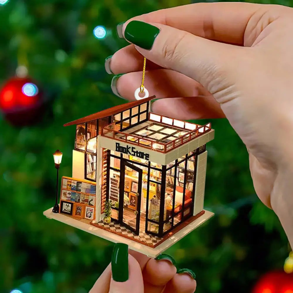 Book Lover Christmas Tree Decorations, Acrylic Hanging Ornaments in Bookstore, Shelf & Library Designs