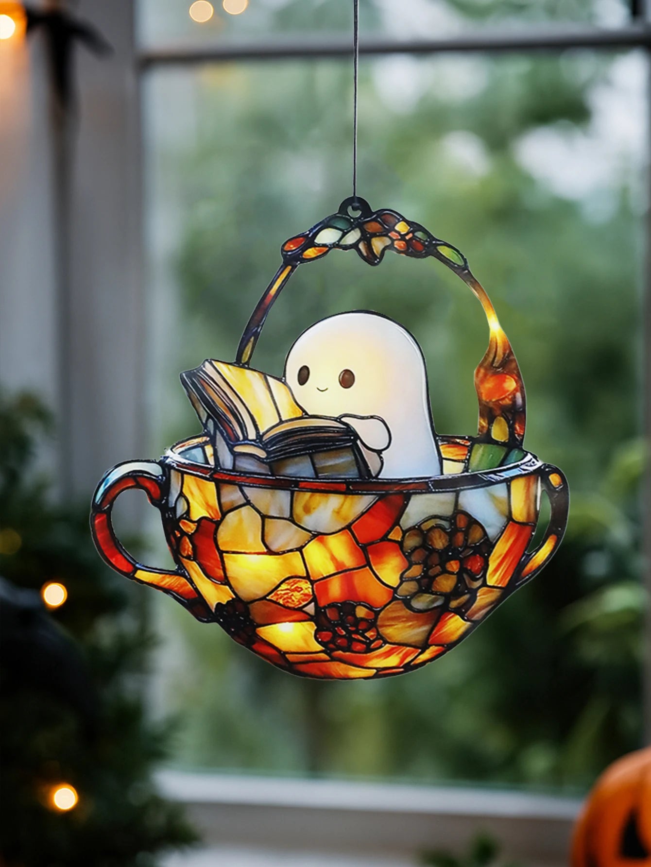 Halloween Reading Ghost Teacup Suncatcher — Cute Window Ornament