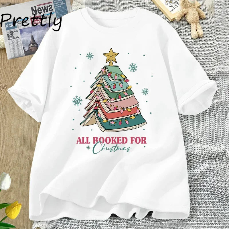 Book Tree Christmas T-Shirt — “All Booked for Christmas” Tee for Book Lovers, Librarians & Teachers | Festive Bookish Gift