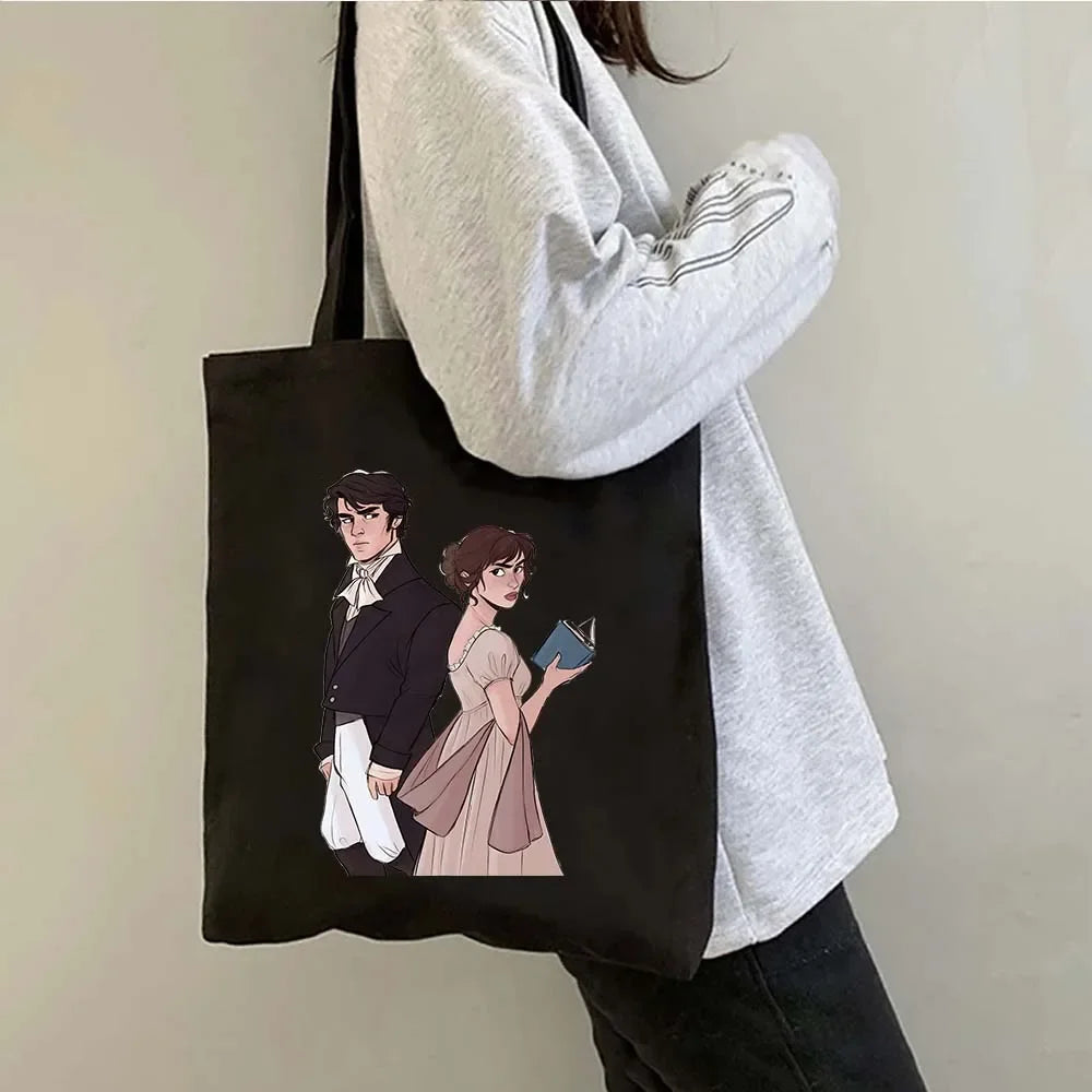 “More Pride, Less Prejudice” Canvas Tote — Jane Austen Cartoon Print