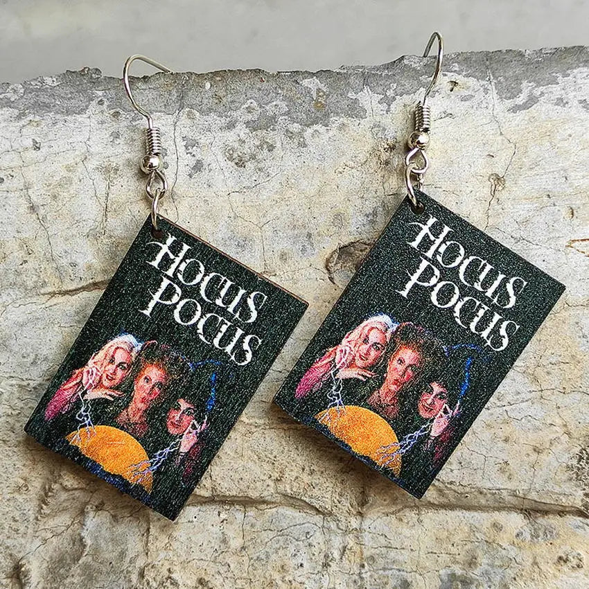 Horror Novel Book Earrings — Wooden Halloween Drop Earrings for Book Lovers & Spooky Style Fans