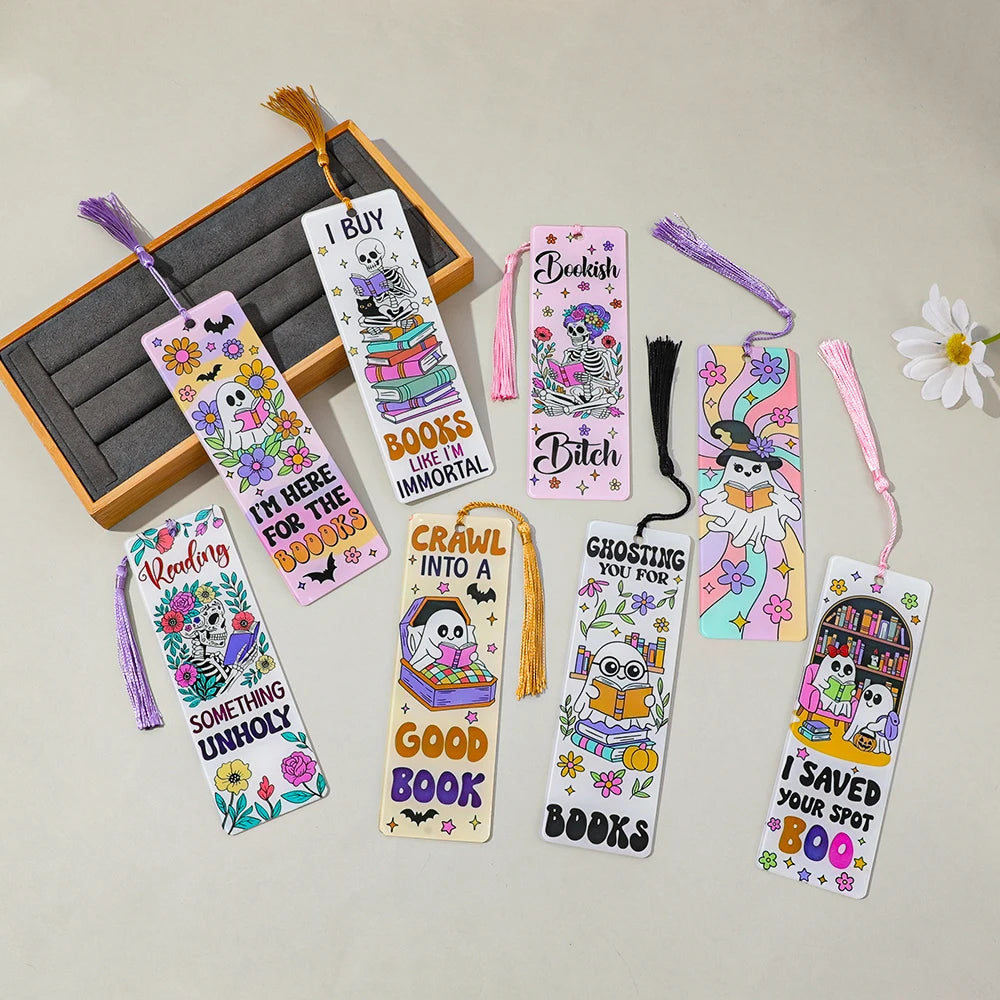 Halloween Ghost Acrylic Bookmark — Tassel Charm Page Marker