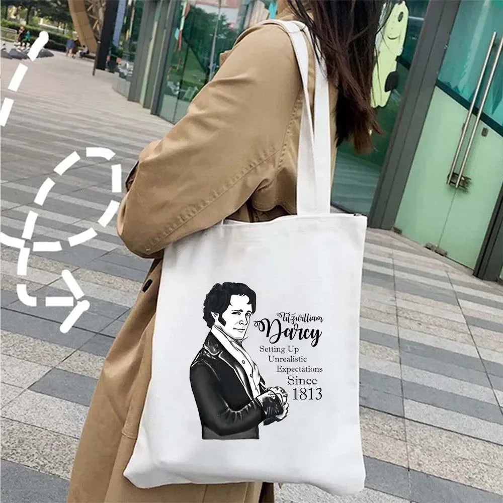 “More Pride, Less Prejudice” Canvas Tote — Jane Austen Cartoon Print