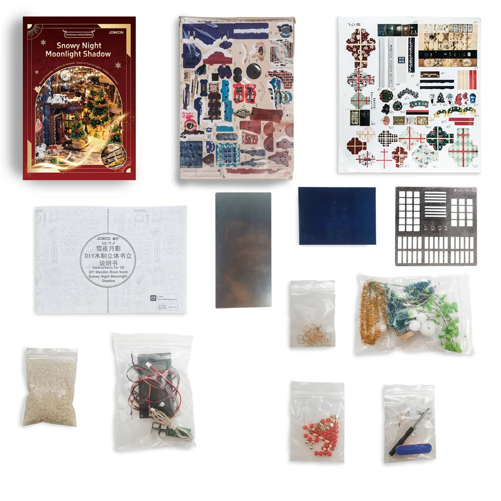 “Snowy Night Moonlight Shadow” DIY Wooden Book Nook — Handcrafted Bookshelf Insert Kit for Christmas & Home Décor