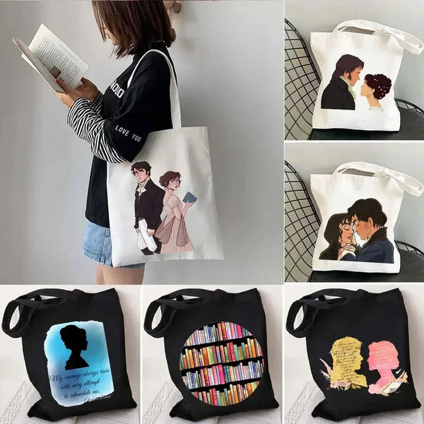 “More Pride, Less Prejudice” Canvas Tote — Jane Austen Cartoon Print