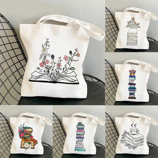 Floral Book Lover Tote Bag — Canvas Shoulder Bag for Readers (9 Designs)