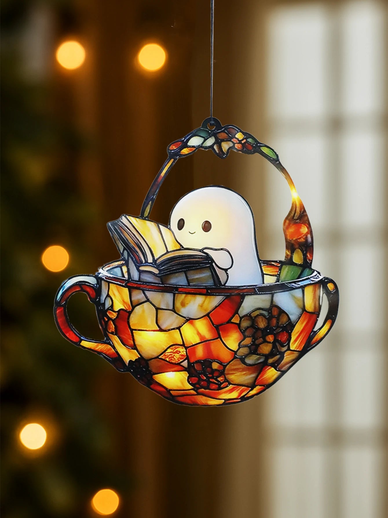 Halloween Reading Ghost Teacup Suncatcher — Cute Window Ornament