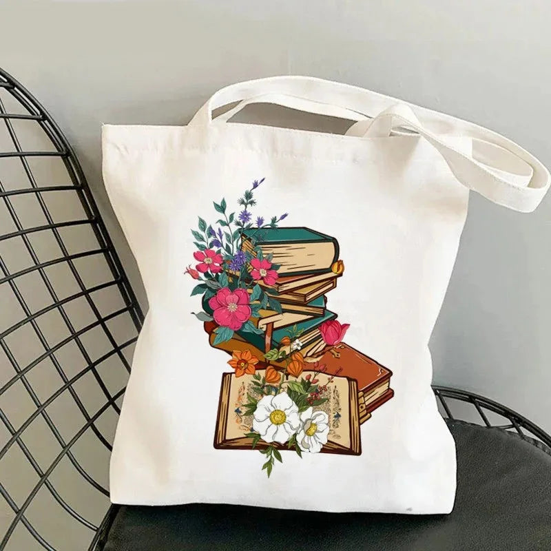 Floral Book Lover Tote Bag — Canvas Shoulder Bag for Readers (9 Designs)