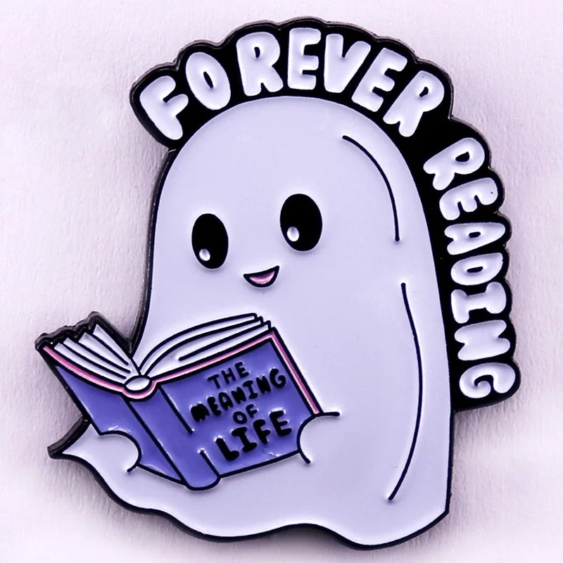 Ghost Reading Enamel Pin — Kawaii Book-Loving Spirit