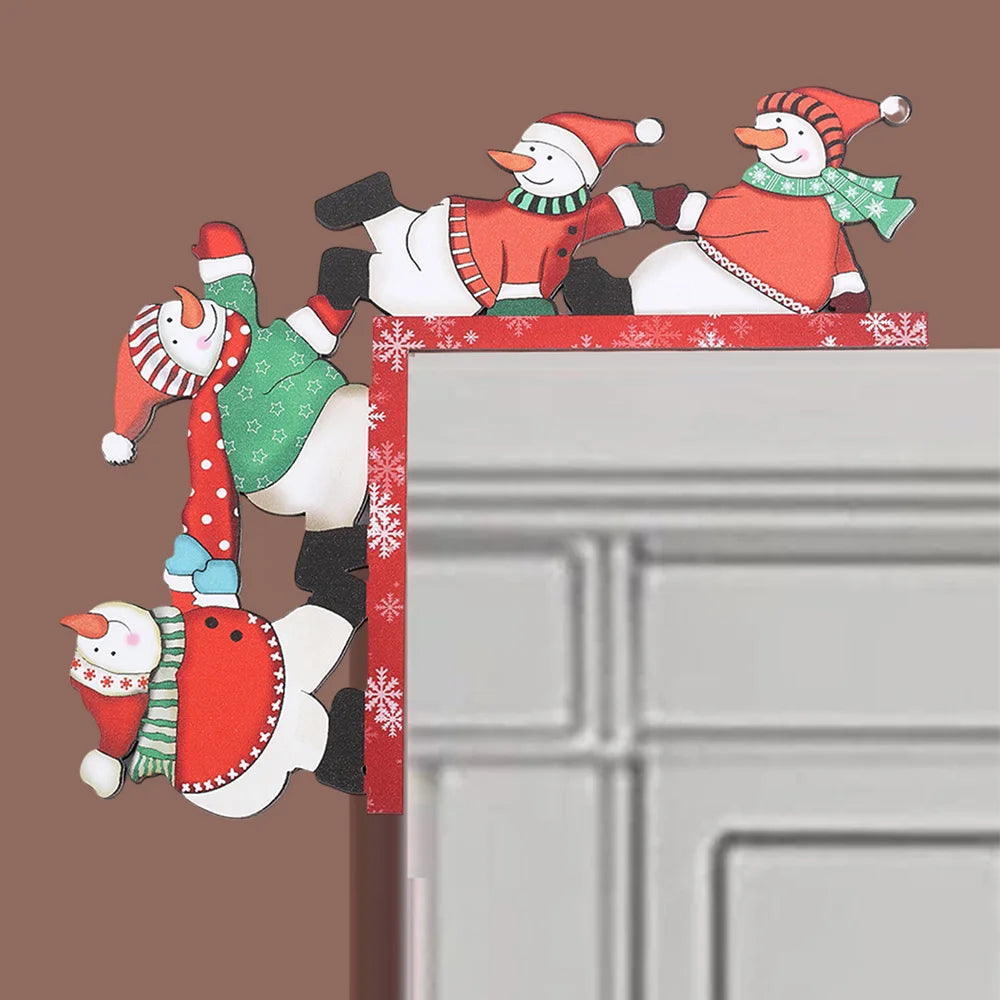 Christmas Wooden Corner Snowman Decoration — Cute Cartoon Snowmen for Shelves, Door Frames & Bookcases | Festive Wooden Ornament