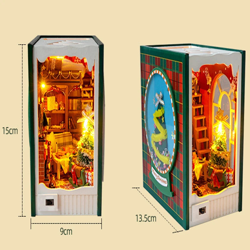 DIY Christmas Book Nook Cabin Kit — Miniature Wooden Bookshelf Insert with Touch Light | Festive Bookstand Craft & Decoration