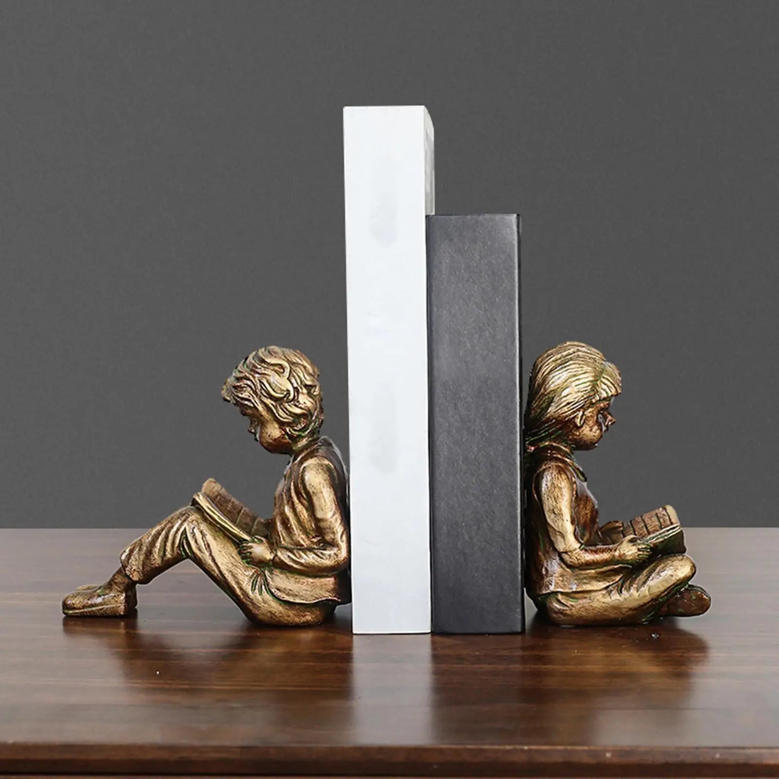 Boy & Girl Reading Bookends — Vintage Resin Shelf Stoppers