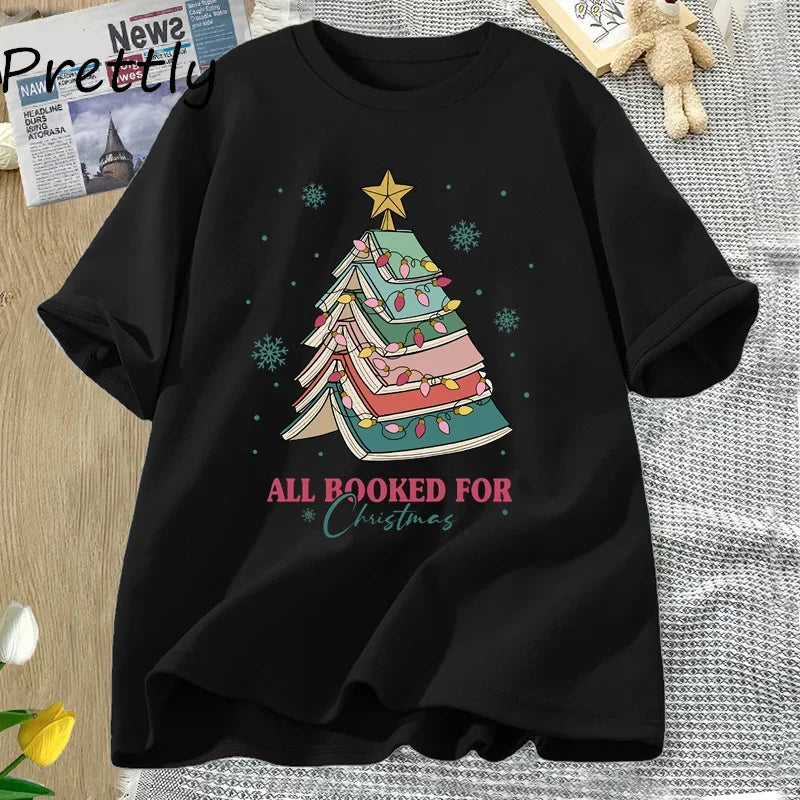 Book Tree Christmas T-Shirt — “All Booked for Christmas” Tee for Book Lovers, Librarians & Teachers | Festive Bookish Gift