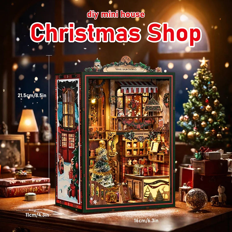 DIY Wooden Christmas Shop Book Nook Kit — Festive Miniature 3D Bookshelf Diorama | Handmade Craft & Bookend Decoration