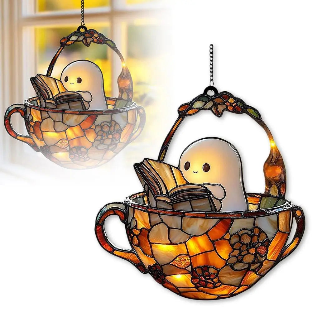 Halloween Reading Ghost Suncatcher — Acrylic Window Pendant