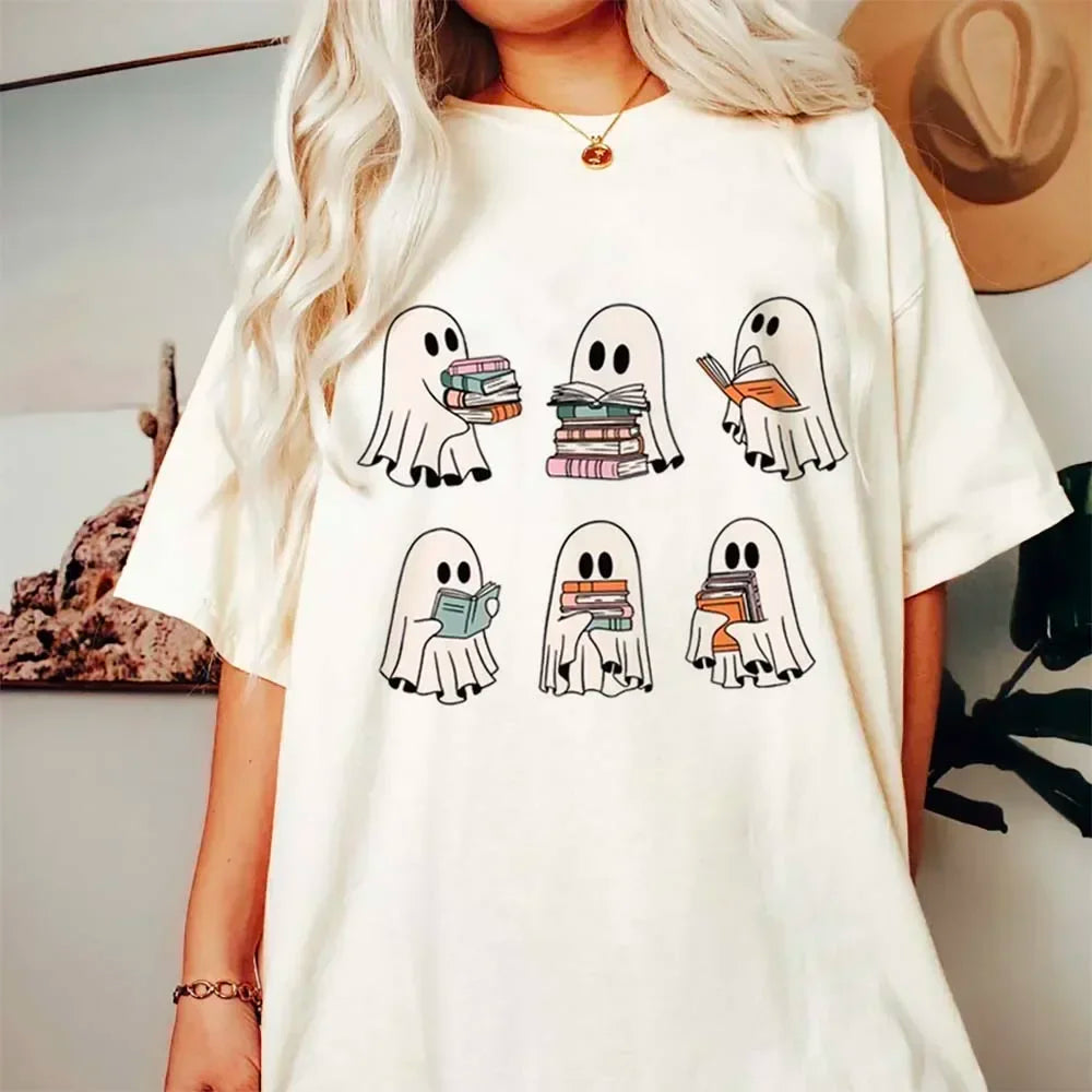 Retro “Reading Ghosts” T-Shirt — Six Spooky-Cute Panels