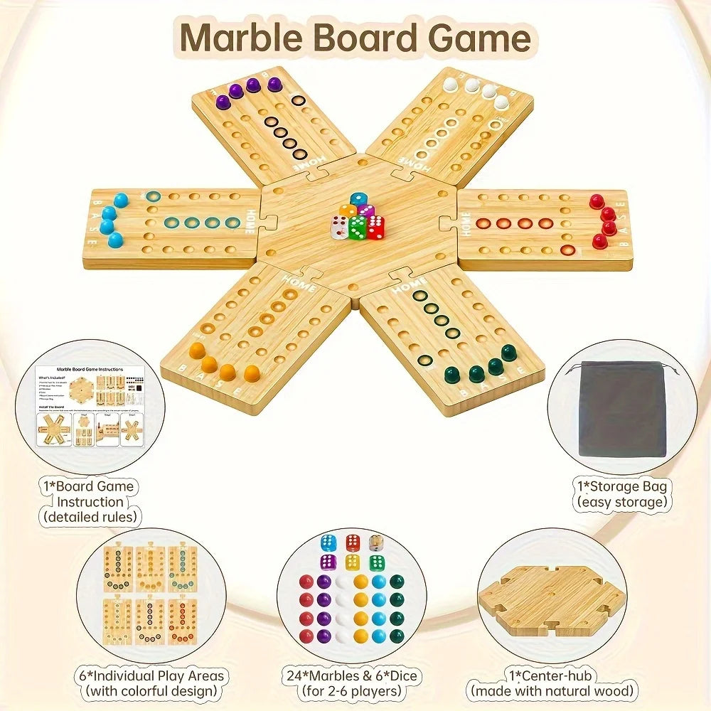 Marble Dash — Wooden Strategy & Racing Board Game (2–6 Players)