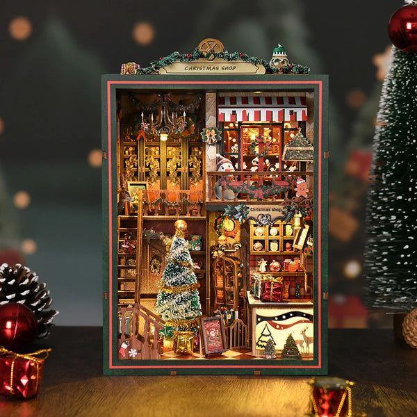 DIY Wooden Christmas Shop Book Nook Kit — Festive Miniature 3D Bookshelf Diorama | Handmade Craft & Bookend Decoration