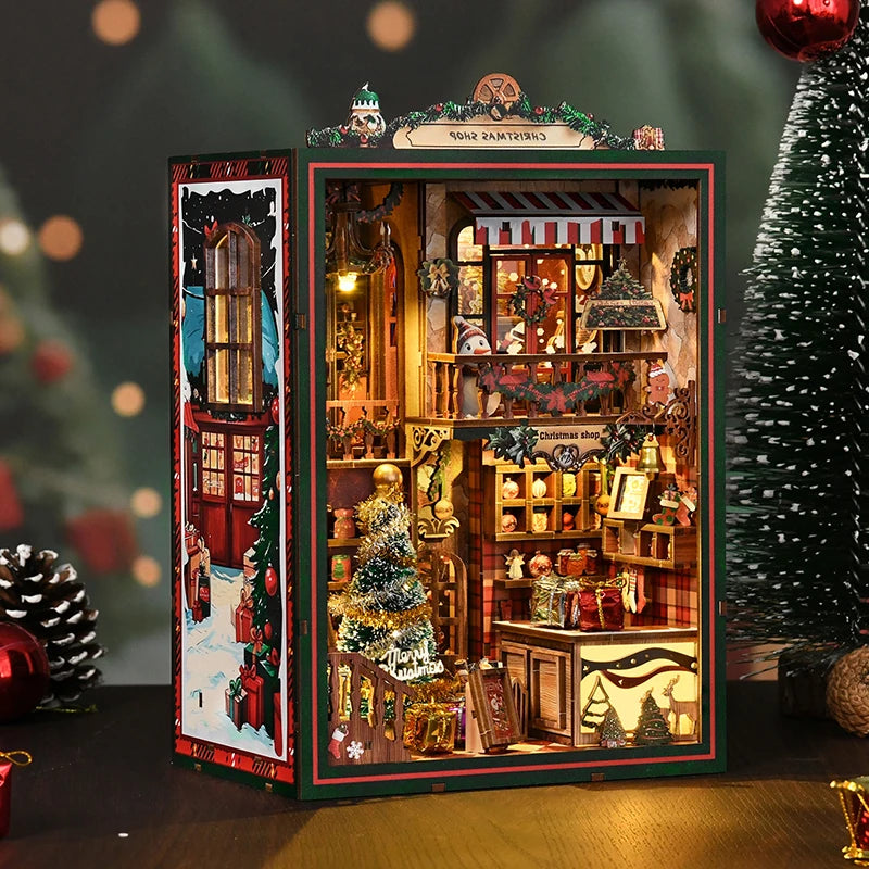 DIY Wooden Christmas Shop Book Nook Kit — Festive Miniature 3D Bookshelf Diorama | Handmade Craft & Bookend Decoration