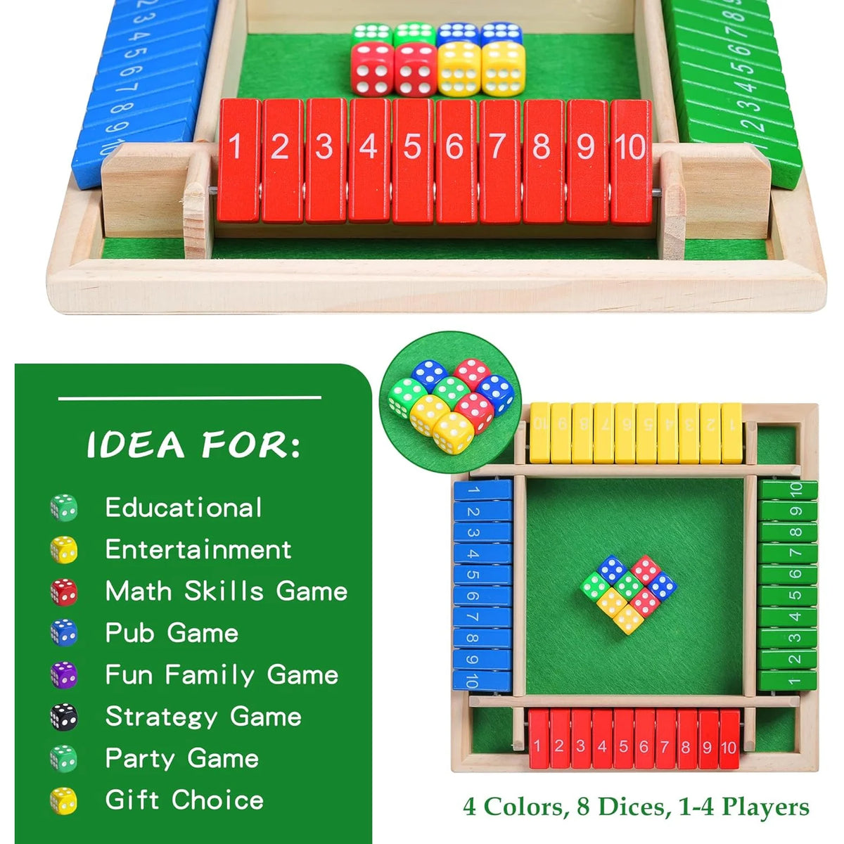 Shut the Box — Classic Wooden 4-Player Dice Game