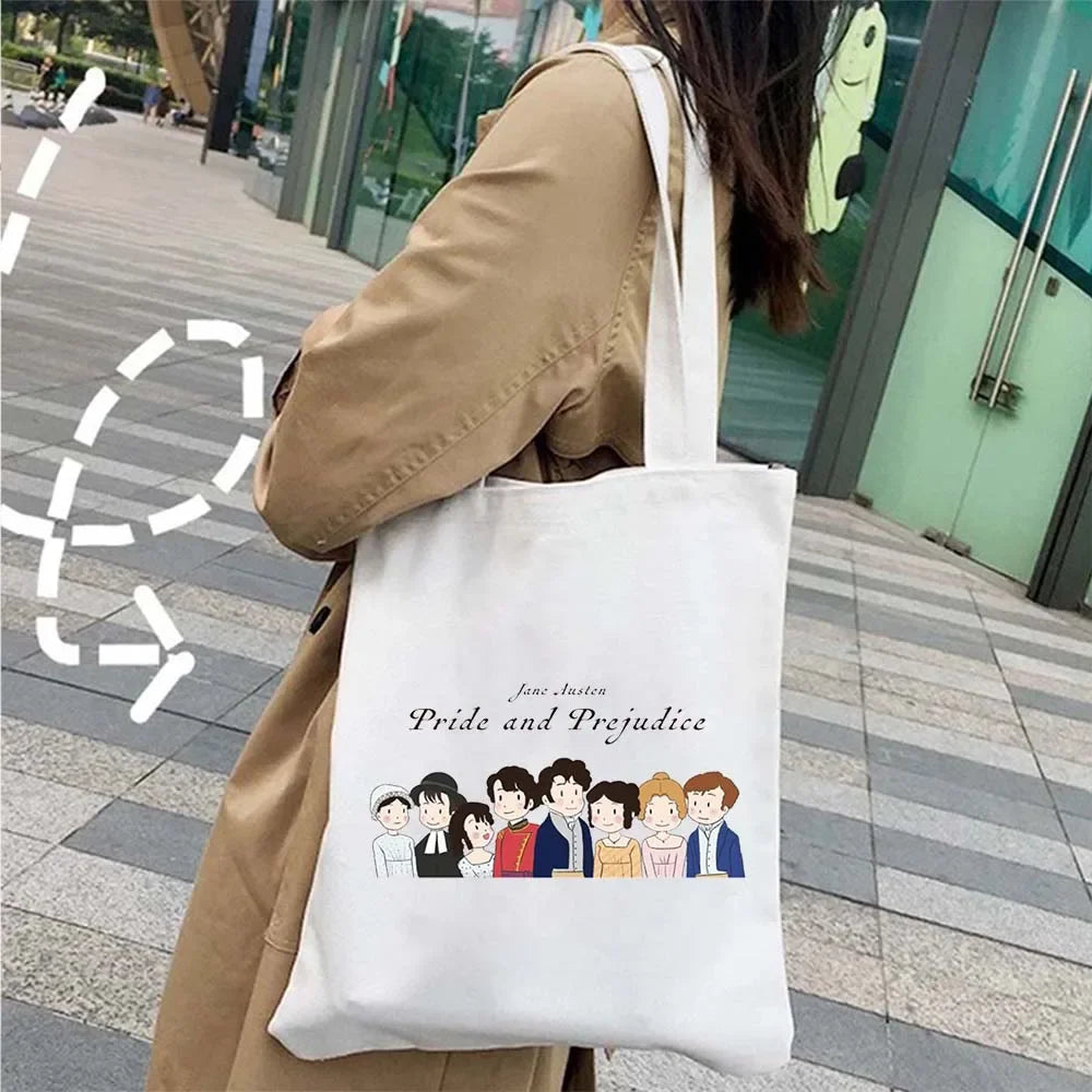 “More Pride, Less Prejudice” Canvas Tote — Jane Austen Cartoon Print