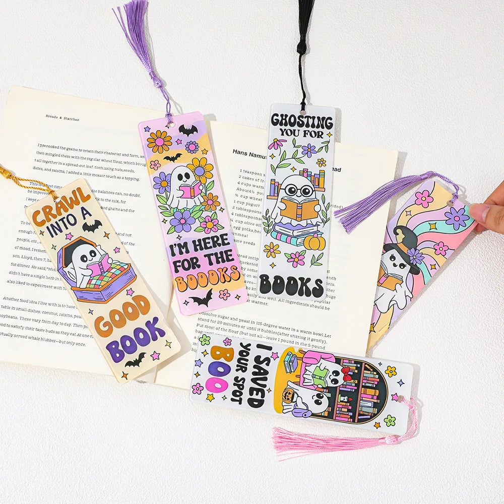 Halloween Ghost Acrylic Bookmark — Tassel Charm Page Marker
