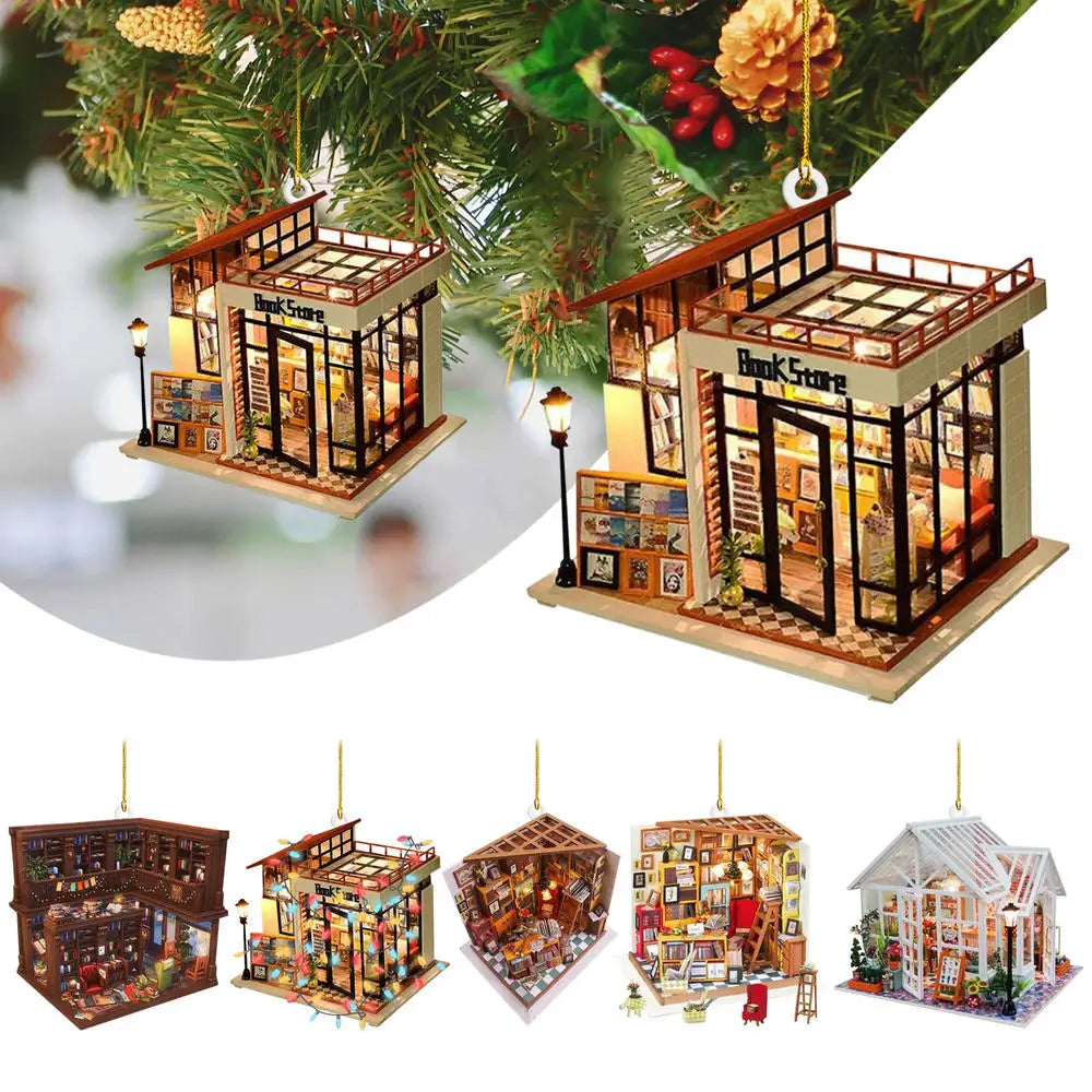 Book Lover Christmas Tree Decorations, Acrylic Hanging Ornaments in Bookstore, Shelf & Library Designs