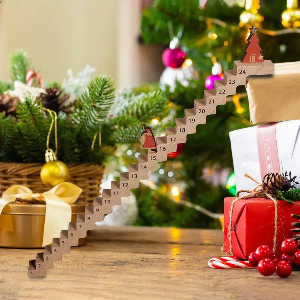 Wooden Santa Climbing Stairs Advent Calendar, Christmas Countdown Decoration | Festive Tabletop Ornament & Holiday Gift