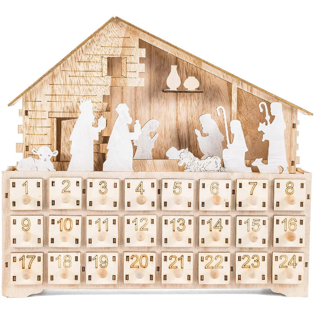 Light-Up Wooden Christmas Countdown Calendar — 24-Day Nativity/Alpine Scene Advent Box