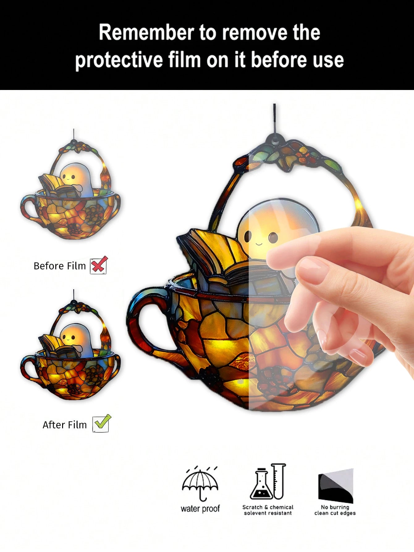 Halloween Reading Ghost Teacup Suncatcher — Cute Window Ornament