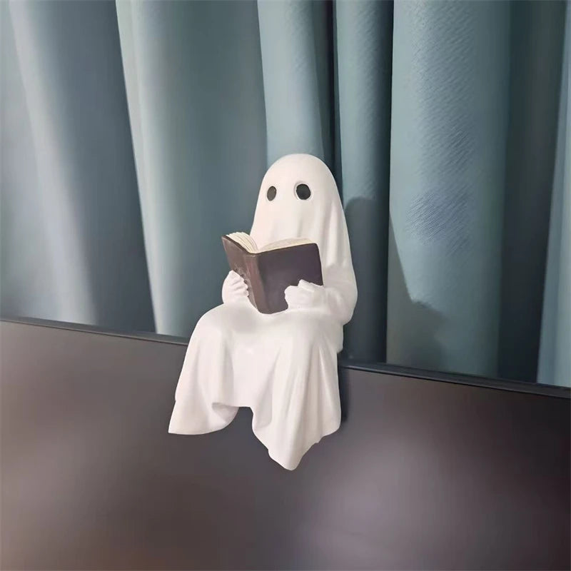 Reading Ghost Resin Statue — Spooky-Cute Literary Charm