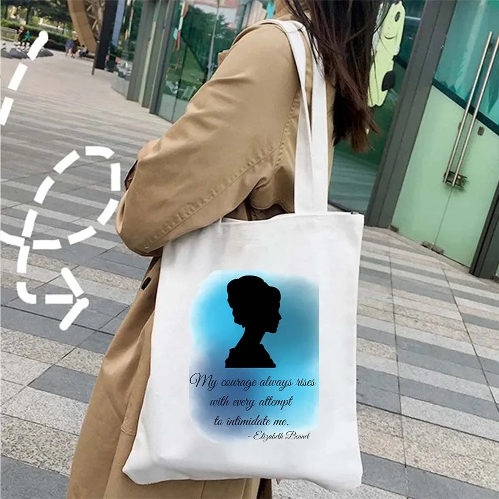 “More Pride, Less Prejudice” Canvas Tote — Jane Austen Cartoon Print