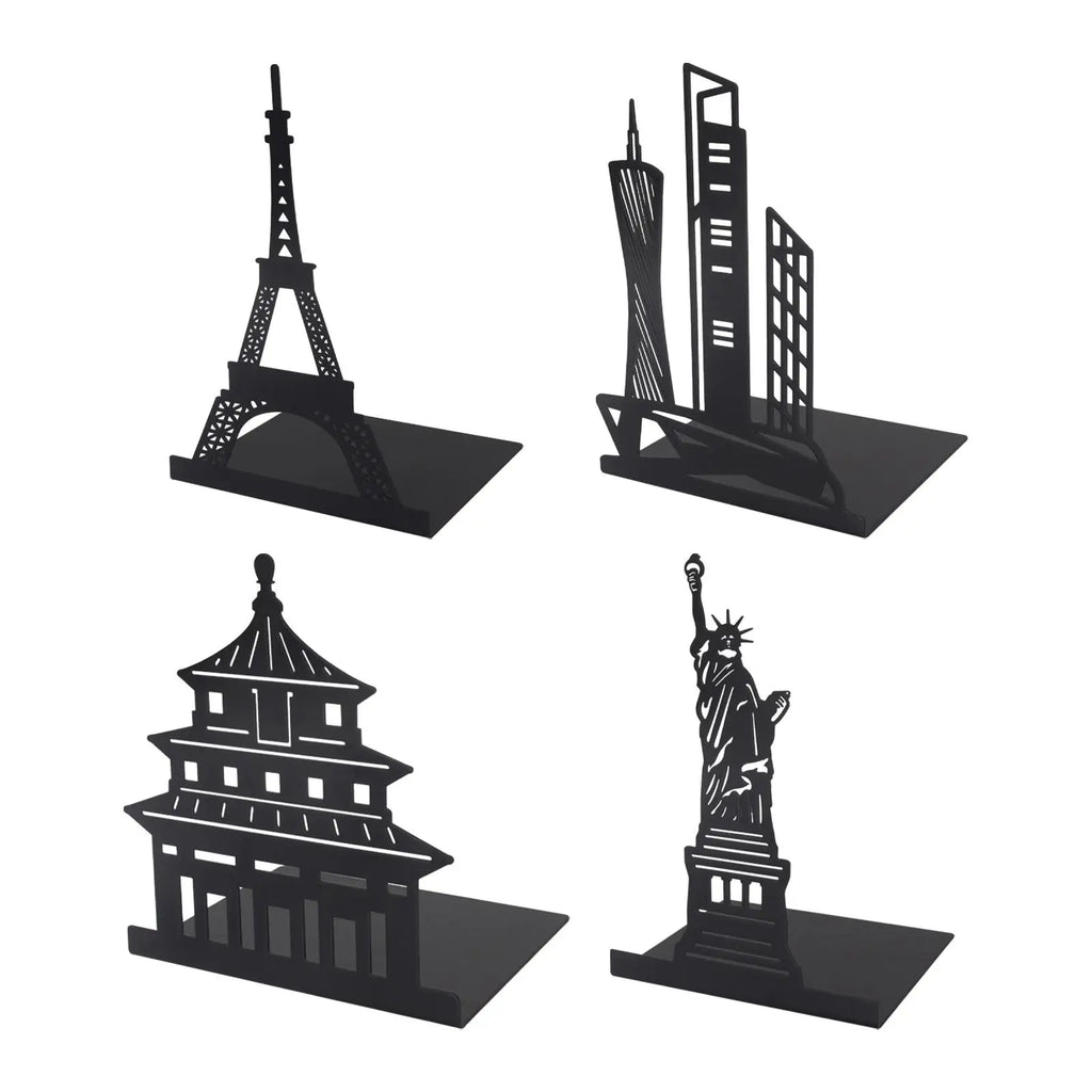 World Landmark Metal Bookends — Eiffel Tower, Statue of Liberty, Pagoda, or City Skyline