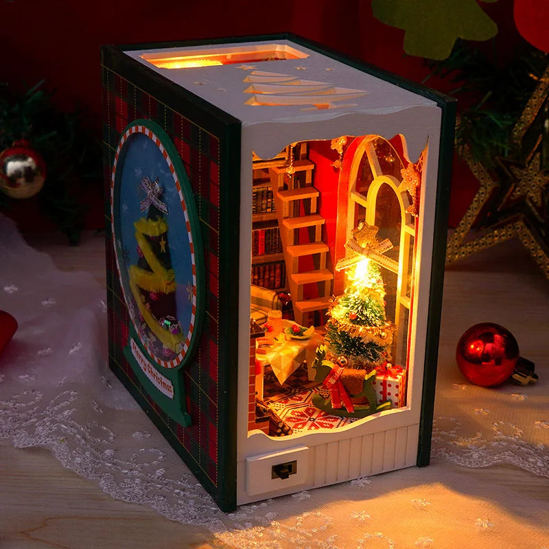 DIY Christmas Book Nook Cabin Kit — Miniature Wooden Bookshelf Insert with Touch Light | Festive Bookstand Craft & Decoration