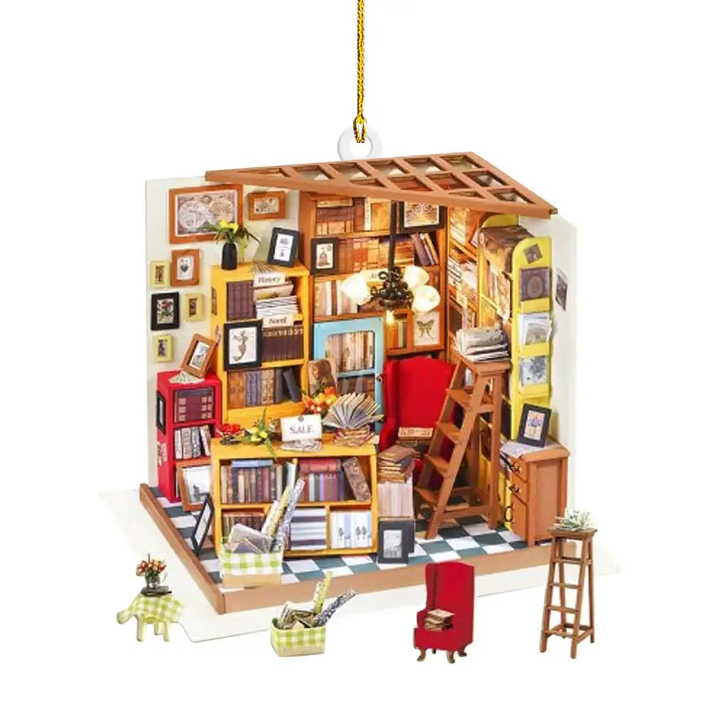 Book Lover Christmas Tree Decorations, Acrylic Hanging Ornaments in Bookstore, Shelf & Library Designs